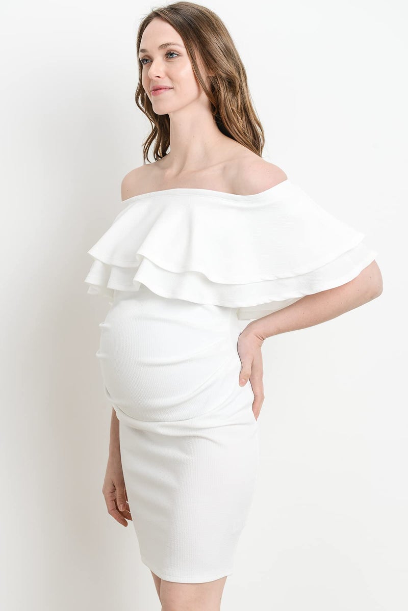 LaClef Women's Off Shoulder Maternity Dress with Double Ruffle, Off White, Large - Image 4